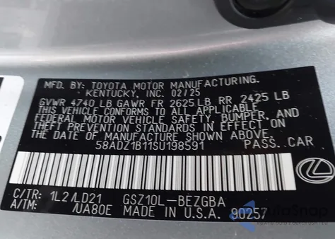 2025 Lexus Es 350 z USA, uszkodzony, nr VIN 58ADZ1B11SU198591